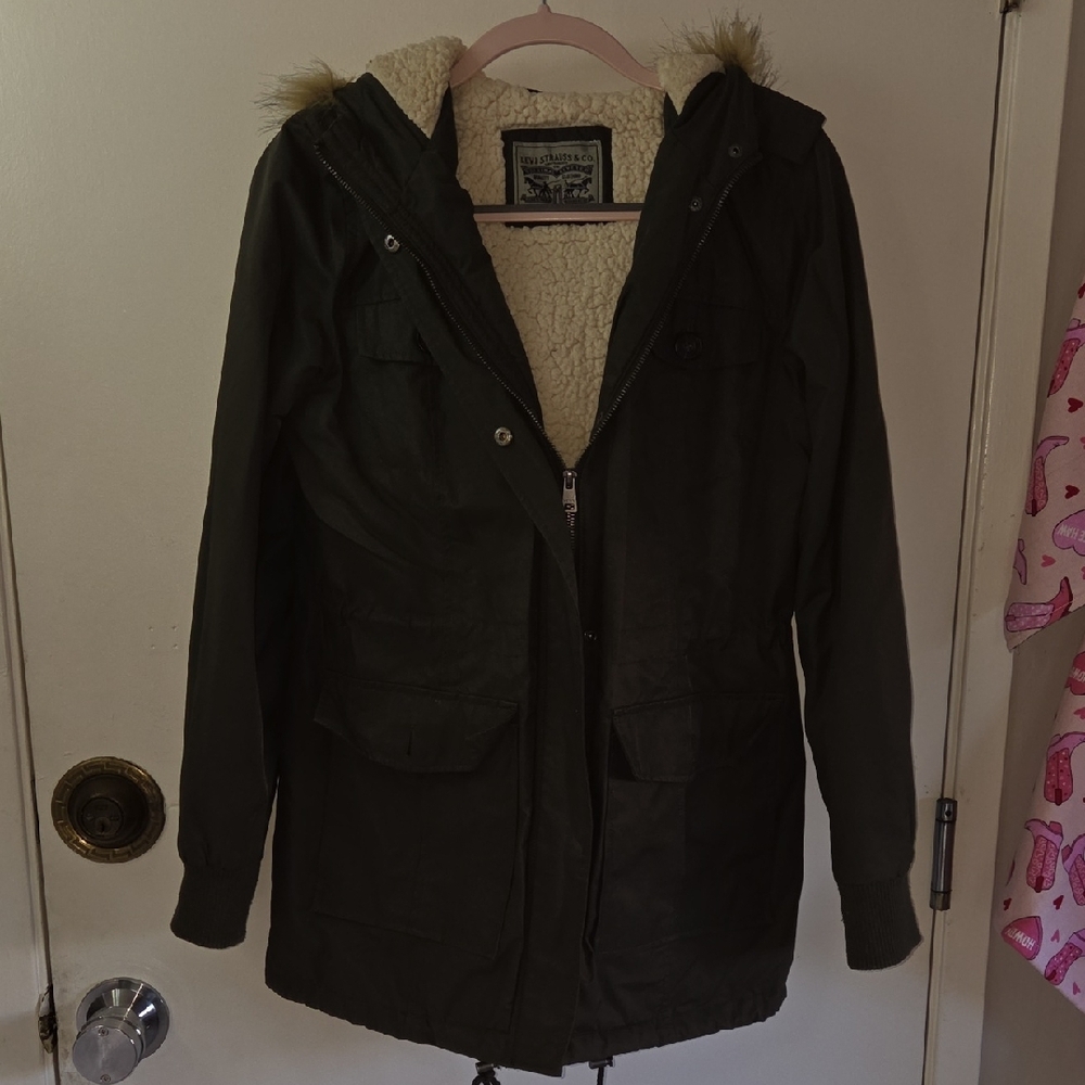 Women's Olive Parka Jacket with Faux Fur Hood